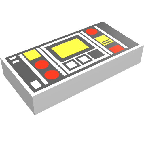 Rendu LDraw de Tuile 1 x 2 avec motif imprimé panneau de contrôle rouge et jaune (Original) (Tile 1 x 2 with Red and Yellow Control Panel Print (Original)), couleur indicative