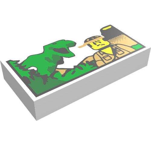 Rendu LDraw de Tuile 1 x 2 avec motif imprimé figurine et dinosaure (Tile 1 x 2 with Minifig and Dinosaur Print), couleur indicative