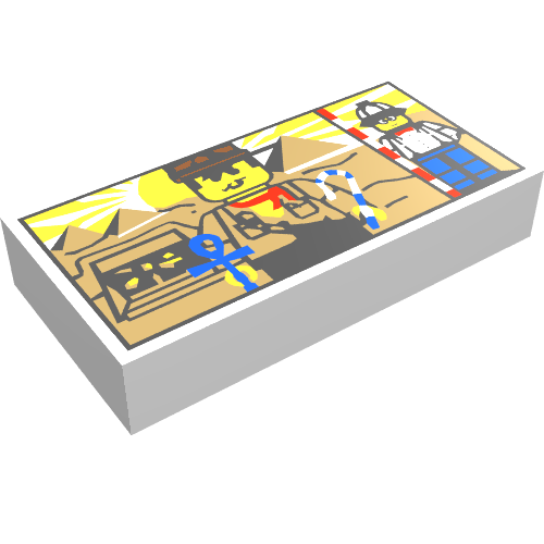 Rendu LDraw de Tuile 1 x 2 avec motif imprimé figurine et pyramides (Tile 1 x 2 with Minifig and Pyramids Print), couleur indicative
