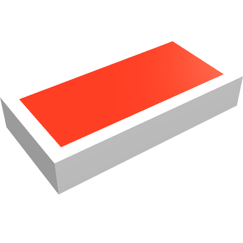 Rendu LDraw de Tuile 1 x 2 avec motif imprimé Rectangle rouge (Tile 1 x 2 with Red Rectangle Print), couleur indicative