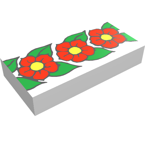 Rendu LDraw de Tuile 1 x 2 avec motif imprimé de fleurs Scala (Tile 1 x 2 with Scala Flower Print), couleur indicative
