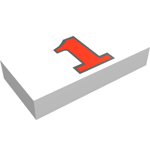 Rendu LDraw de Tuile 1 x 2 avec motif imprimé rouge '1' (Tile 1 x 2 with Red '1' Print), couleur indicative