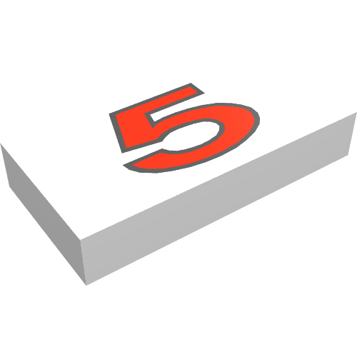 Rendu LDraw de Tuile 1 x 2 avec motif imprimé rouge '5' (Tile 1 x 2 with '5' Red Print), couleur indicative