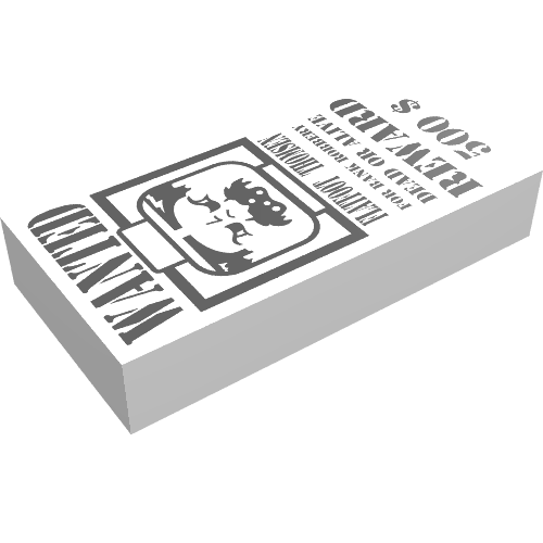 Rendu LDraw de Tuile 1 x 2 avec motif imprimé 'Wanted - Flatfoot Thomsen' (Tile 1 x 2 with 'Wanted - Flatfoot Thomsen' Print), couleur indicative
