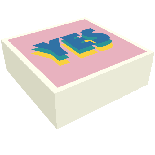 Rendu LDraw de Tuile 1 x 1 avec motif imprimé Bleu/Vert/Jaune 'YES' sur fond rose vif (Tile 1 x 1 with Blue/Green/Yellow 'YES' on Bright Pink Background Print), couleur indicative
