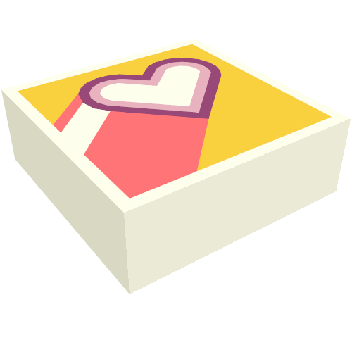 Rendu LDraw de Tuile 1 x 1 avec cœur magenta/rose vif, queue de corail, motif imprimé fond orange clair (Tile 1 x 1 with Magenta/Bright Pink Heart, Coral Tail, Bright Light Orange Background Print), couleur indicative