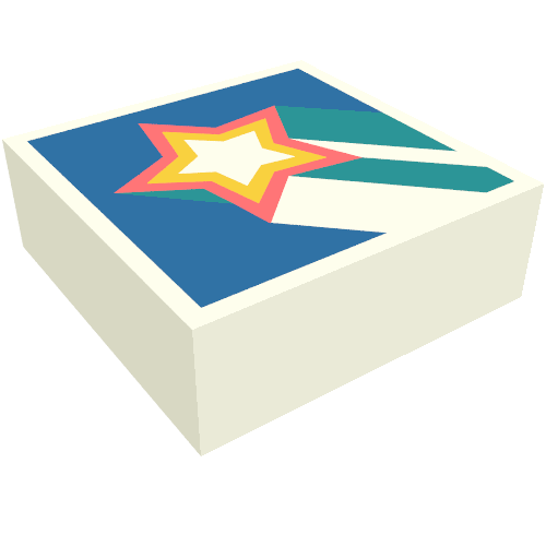 Rendu LDraw de Tuile 1 x 1 avec étoile de tir corail/orange, queue turquoise foncée, motif imprimé fond bleu (Tile 1 x 1 with Coral/Orange Shooting Star, Dark Turquoise Tail, Blue Background Print), couleur indicative