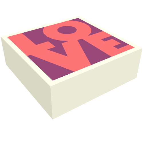 Rendu LDraw de Tuile 1 x 1 avec corail 'LOVE' sur fond magenta motif imprimé (Tile 1 x 1 with Coral 'LOVE' on Magenta Background Print), couleur indicative