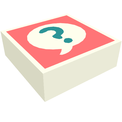 Rendu LDraw de Tuile 1 x 1 avec point d'interrogation turquoise foncé en bulle blanche sur fond corail motif imprimé (Tile 1 x 1 with Dark Turquoise Question Mark in White Bubble on Coral Background Print), couleur indicative