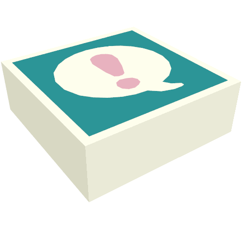 Rendu LDraw de Tuile 1 x 1 avec marque d'exclamation de corail en bulle blanche sur fond turquoise foncé motif imprimé (Tile 1 x 1 with Coral Exclamation Mark in White Bubble on Dark Turquoise Background Print), couleur indicative
