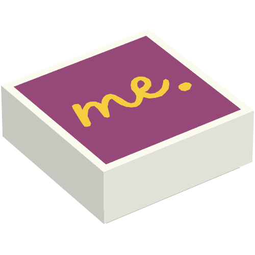 Rendu LDraw de Tuile 1 x 1 avec fond jaune 'Me ' sur fond magenta (Tile 1 x 1 with Yellow 'Me ' on Magenta Background), couleur indicative