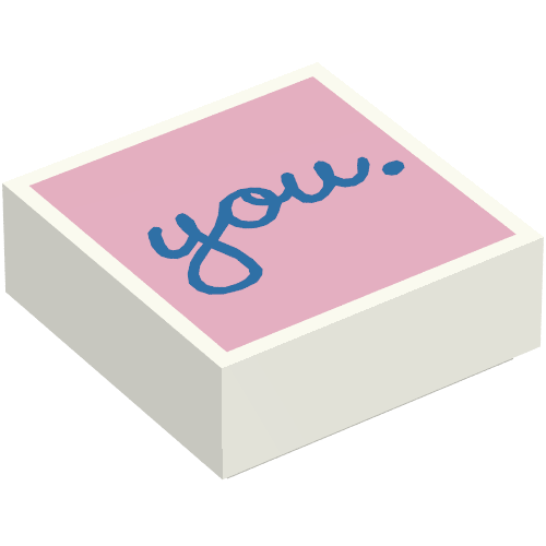 Rendu LDraw de Tuile 1 x 1 avec motif imprimé Bleu 'you' sur fond rose vif (Tile 1 x 1 with Blue 'you' on Bright Pink Background Print), couleur indicative