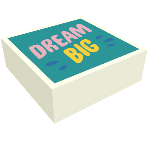 Rendu LDraw de Tuile 1 x 1 avec motif imprimé rose vif 'DREAM' et jaune 'BIG' (Tile 1 x 1 with Bright Pink 'DREAM' and Yellow 'BIG' Print), couleur indicative