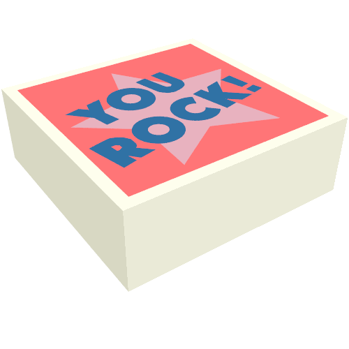 Rendu LDraw de Tuile 1 x 1 avec motif imprimé bleu 'YOU ROCK', étoile rose brillante, fond corail (Tile 1 x 1 with Blue 'YOU ROCK', Bright Pink Star, Coral Background Print), couleur indicative