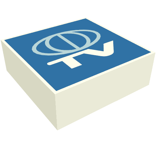 Rendu LDraw de Tuile 1 x 1 avec motif imprimé avec logo TV Globe (Tile 1 x 1 with TV Globe Logo Print), couleur indicative