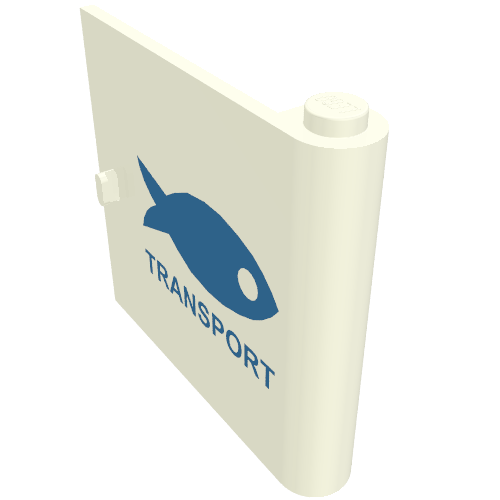 Rendu LDraw de Porte 1 x 5 x 4 droite avec poisson bleu & transport motif imprimé (Door 1 x 5 x 4 Right with Blue Fish & TRANSPORT Print), couleur indicative