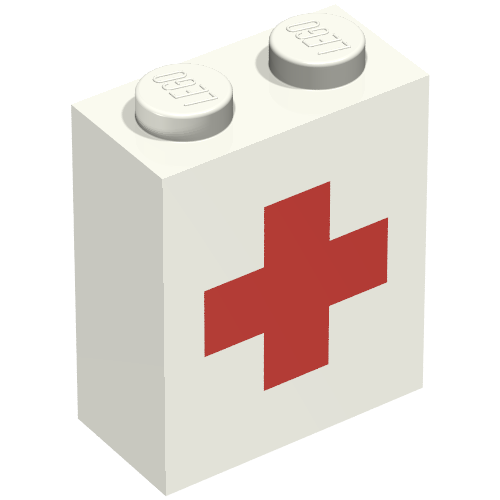 Rendu LDraw de Brique 1 x 2 x 2 avec motif imprimé Croix-Rouge (Brick 1 x 2 x 2 with Red Cross Print), couleur indicative