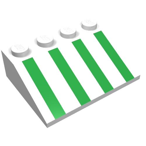 Rendu LDraw de Brique inclinée 33° 3 x 4 avec motif imprimé de rayures vertes (Brick Sloped 33° 3 x 4 with Green Stripes Print), couleur indicative