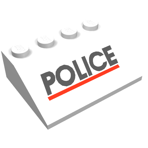 Rendu LDraw de Brique inclinée 33° 3 x 4 avec motif imprimé "POLICE" noir et ligne rouge (Brick Sloped 33° 3 x 4 with Black "POLICE" and Red Line Print), couleur indicative