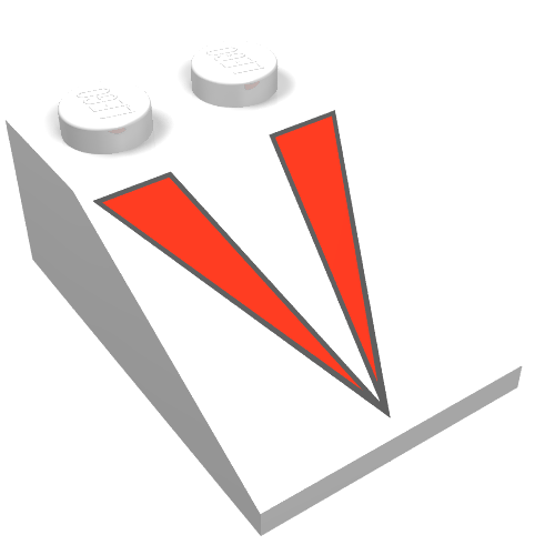 Rendu LDraw de Brique inclinée 33° 3 x 2 avec motif imprimé rouge V (Brick Sloped 33° 3 x 2 with Red V Print), couleur indicative
