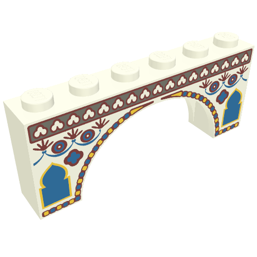 Rendu LDraw de Brique Arche 1 x 6 x 2 avec motif imprimé indien (Brick Arch 1 x 6 x 2 with Indian Print), couleur indicative