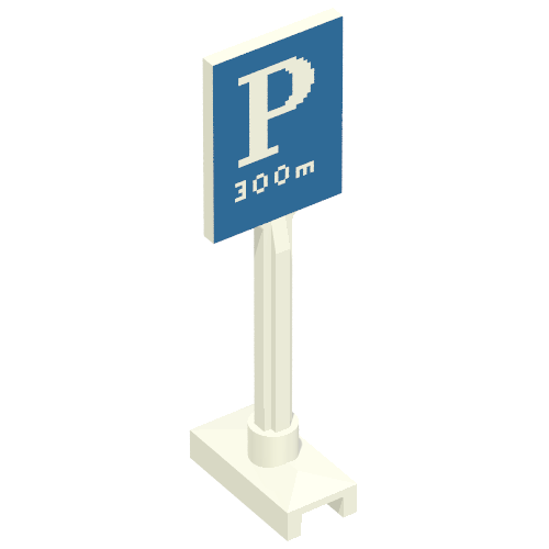Rendu LDraw de Panneau carré grand avec parking 'P' et '300m' motif imprimé (Road Sign Square Tall with Parking 'P' and '300m' Print), couleur indicative