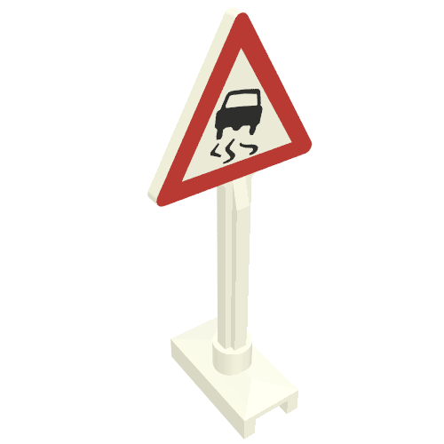 Rendu LDraw de Triangle de signalisation routière avec motif imprimé de voiture de dérapage (voiture plus récente pas de pneu sur le dos) (Road Sign Triangle with Skidding Car Print (Newer Car no Tire on Back)), couleur indicative