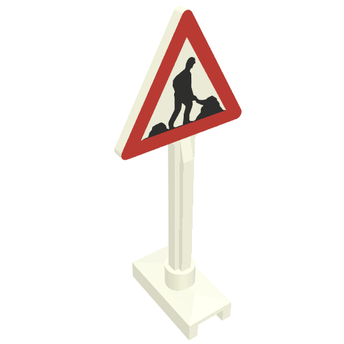 Rendu LDraw de Triangle de signalisation routière avec motif imprimé de travaux routiers - 2 tas de saleté - indéterminé (Road Sign Triangle with Roadworks Print - 2 Dirt Piles - undetermined), couleur indicative