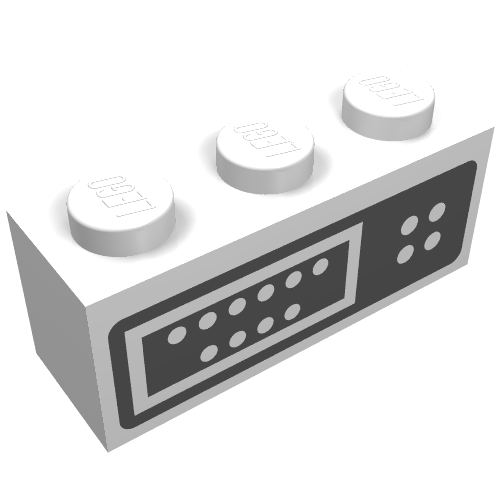 Rendu LDraw de Brique 1 x 3 avec panneau de contrôle imprimé (Brick 1 x 3 with Control Panel Print), couleur indicative