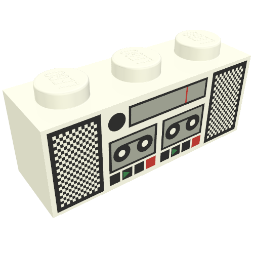 Rendu LDraw de Brique 1 x 3 avec motif imprimé radio et lecteur de bande (Brick 1 x 3 with Radio and Tape Player Print), couleur indicative