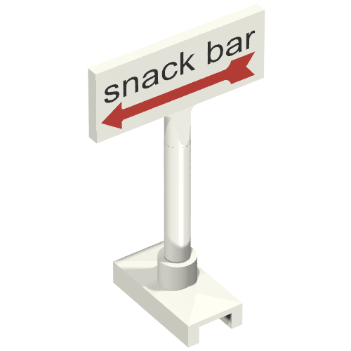 Rendu LDraw de Rectangle de panneau de signalisation routière, poteau d'axe avec motif imprimé de barre de casse-croûte (Road Sign Rectangle, Axle Pole with Snack Bar Print), couleur indicative