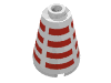 Rendu LDraw de Cône 2 x 2 x 2, motif imprimé ouvert bloqué tenon et bandes rouges horizontales (Cone 2 x 2 x 2, Blocked Open Stud and Horizontal Red Stripes Print), couleur indicative