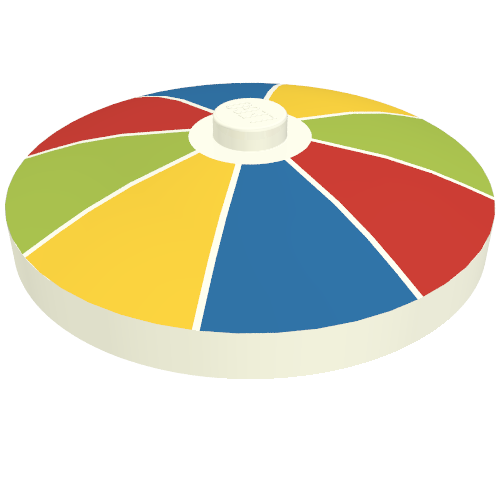Rendu LDraw de Plat 4 x 4 inversé [Radar] avec motif imprimé de rayures rouges, bleues, jaunes et vert citron (Dish 4 x 4 Inverted [Radar] with Red, Blue, Yellow, and Lime Stripes Print), couleur indicative