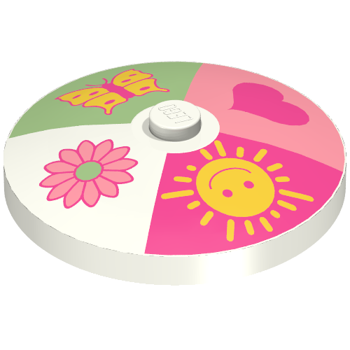 Rendu LDraw de Plat 4 x 4 inversé [Radar] avec 4 sections cœur, Soleil, Fleur, Papillon motif imprimé (Dish 4 x 4 Inverted [Radar] with 4 section Heart, Sun, Flower, Butterfly Print), couleur indicative