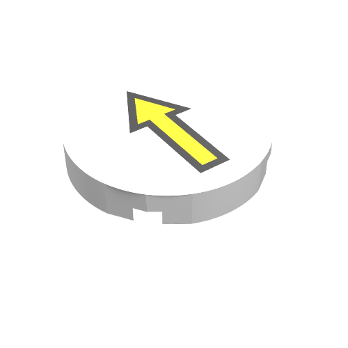Rendu LDraw de Tuile ronde 2 x 2 avec flèche jaune avec motif imprimé bordure noire (Tile Round 2 x 2 with Yellow Arrow with Black Border Print), couleur indicative