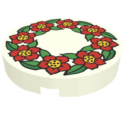 Rendu LDraw de Tuile ronde 2 x 2 avec motif imprimé de fleurs Scala (Tile Round 2 x 2 with Scala Flower Print), couleur indicative
