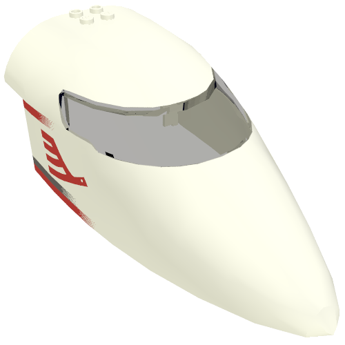Rendu LDraw de Aircraft Fuselage courbe Forward 8 x 16 x 5 avec Trans-Brown Glass avec Red Airline Bird and Stripes Print, couleur indicative