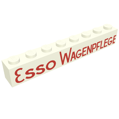 Rendu LDraw de Brique 1 x 8 avec motif imprimé rouge 'ESSO WAGENPFLEGE' (Brick 1 x 8 with 'ESSO WAGENPFLEGE' Red Print), couleur indicative