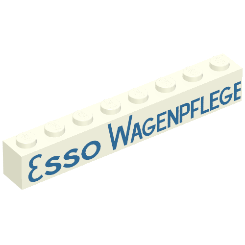 Rendu LDraw de Brique 1 x 8 avec motif imprimé bleu 'ESSO WAGENPFLEGE' (Brick 1 x 8 with 'ESSO WAGENPFLEGE' Blue Print), couleur indicative