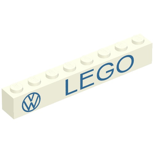 Rendu LDraw de Brique 1 x 8 avec motif imprimé bleu 'VW LEGO' (Brick 1 x 8 with 'VW LEGO' Blue Print), couleur indicative