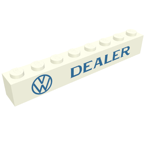 Rendu LDraw de Brique 1 x 8 avec grand logo 'VW DEALER', motif imprimé bleu (Brick 1 x 8 with 'VW DEALER' Large Logo, Blue Print), couleur indicative