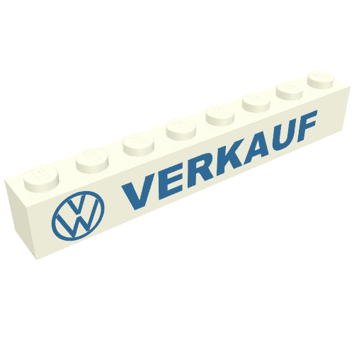 Rendu LDraw de Brique 1 x 8 avec motif imprimé bleu 'VW VERKAUF' (Brick 1 x 8 with 'VW VERKAUF' Blue Print), couleur indicative