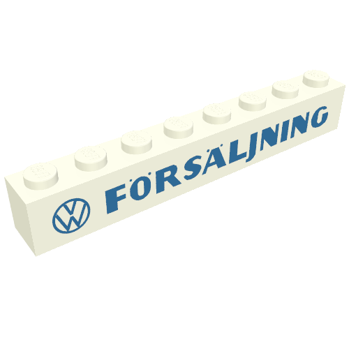 Rendu LDraw de Brique 1 x 8 avec motif imprimé bleu épais 'VW FORSALJNING' (Brick 1 x 8 with 'VW FORSALJNING' Thick Blue Print), couleur indicative