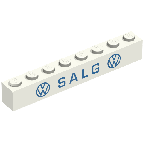 Rendu LDraw de Brique 1 x 8 avec motif imprimé bleu fin 'VW SALG VW' (Brick 1 x 8 with 'VW SALG VW' Thin Blue Print), couleur indicative