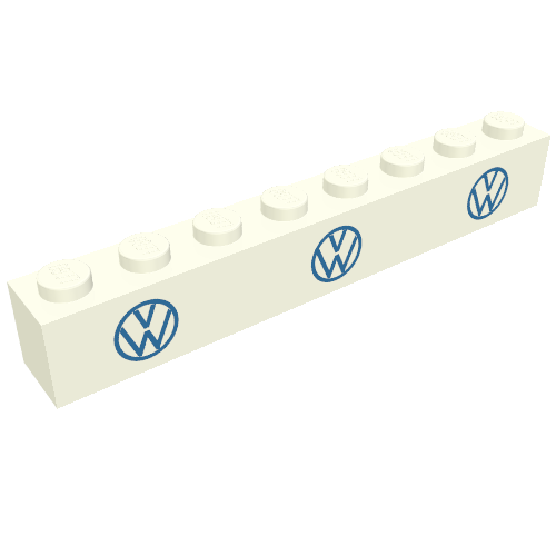 Rendu LDraw de Brique 1 x 8 avec 3 bleu VW Logo imprimé (Brick 1 x 8 with 3 Blue VW Logo Print), couleur indicative
