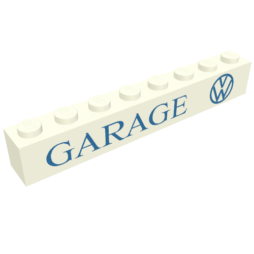 Rendu LDraw de Brique 1 x 8 avec motif imprimé bleu 'GARAGE VW' (Brick 1 x 8 with 'GARAGE VW' Blue Print), couleur indicative
