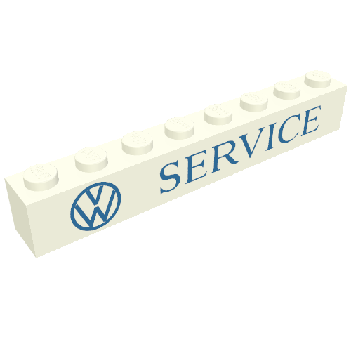 Rendu LDraw de Brique 1 x 8 avec motif imprimé bleu 'VW SERVICE' (Brick 1 x 8 with 'VW SERVICE' Blue Print), couleur indicative