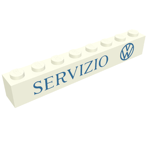 Rendu LDraw de Brique 1 x 8 avec motif imprimé bleu 'SERVIZIO VW' (Brick 1 x 8 with 'SERVIZIO VW' Blue Print), couleur indicative
