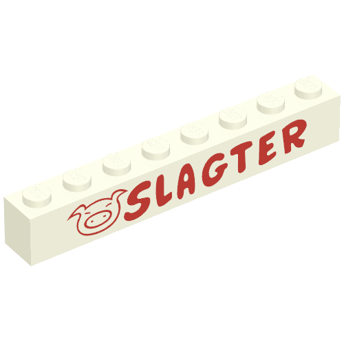 Rendu LDraw de Brique 1 x 8 avec motif imprimé 'Slagter' et Pig Face rouge (Brick 1 x 8 with 'Slagter' and Pig Face Red Print), couleur indicative