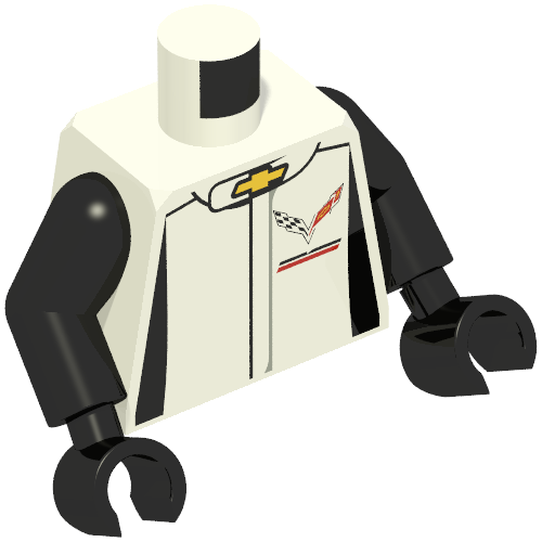 Rendu LDraw de Torse, costume de course jaune Chevrolet Logo / 'CORVETTE RACING' sur motif imprimé dos, bras et mains noirs (Torso, Race Suit Yellow Chevrolet Logo / 'CORVETTE RACING' on Back Print, Black Arms and Hands), couleur indicative